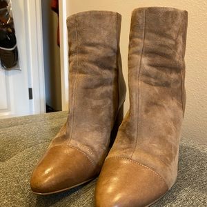 Cap toe suede/leather heeled ankle boots